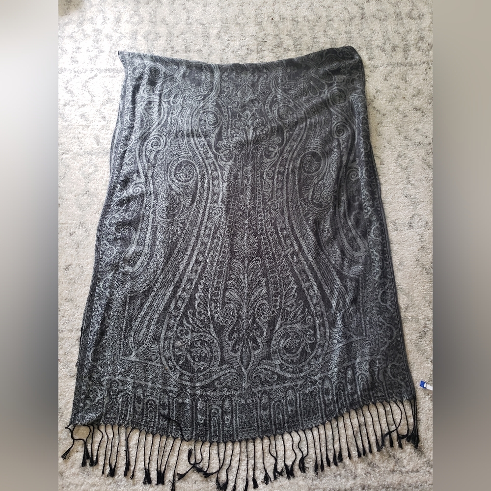 Large Black and Charcoal Gray Paisley Scarf with Tassels